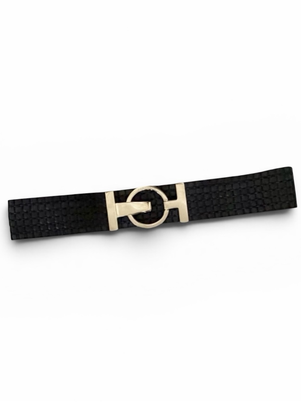Adrienne Vittadini Black Wide Woven Belt with Round Silver Latch Logo Buckle